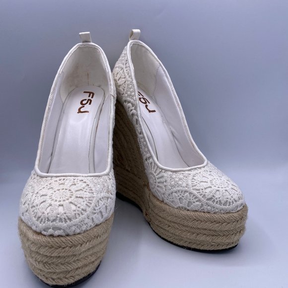 FSJ Ivory Lace Espadrille Wedges Wedding Round - Picture 2 of 10